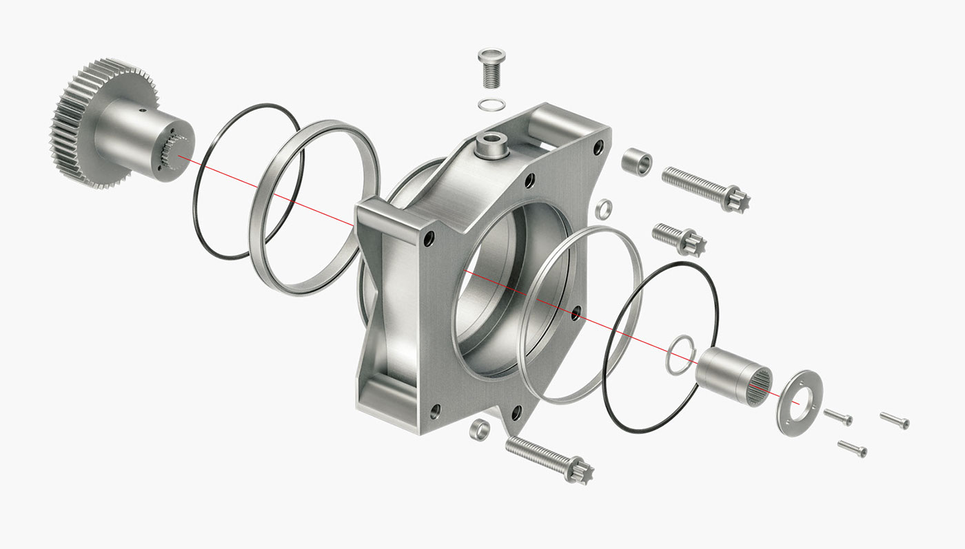 Exploded schematic of a gearbox housing — gear, O-rings, bearings and bolts along the assembly axis