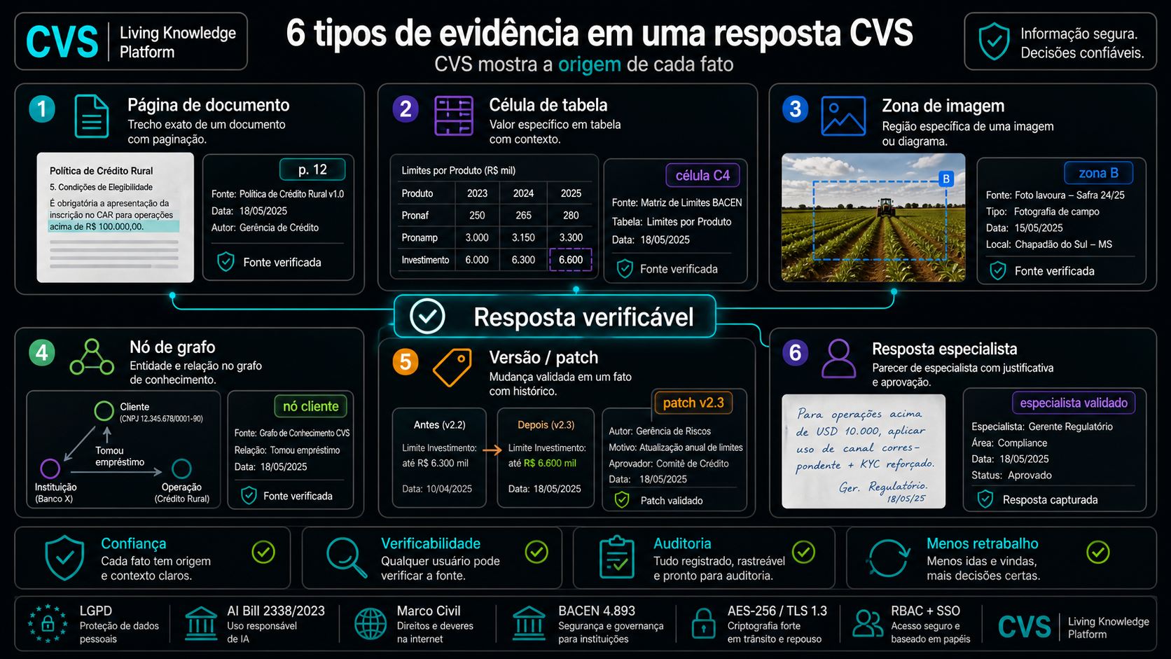 Seis tipos de evidência, cada um entregue como prova citada.